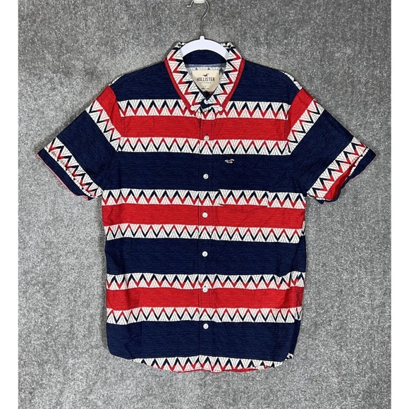 Hollister Southwestern Striped Button Down Shirt Mens Size Large Red Blue Pocket - Picture 1 of 8